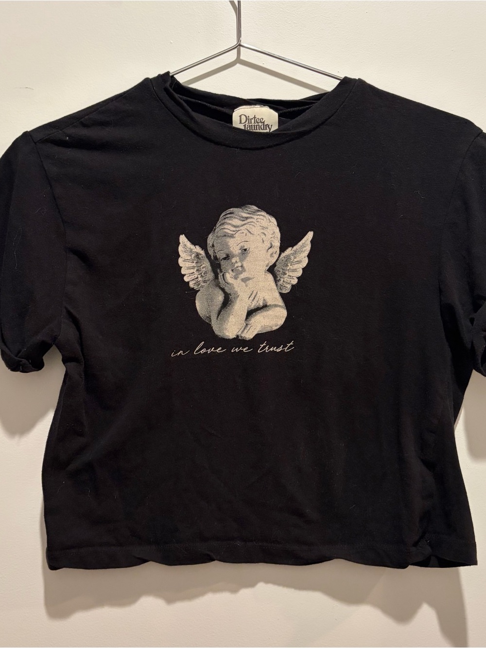Black Angel Cropped Graphic Tee - 'In Love We Trust'